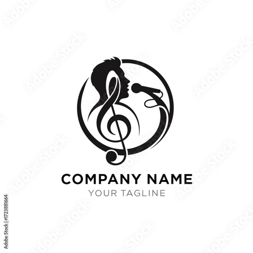 A black and white circular logo featuring a silhouette of a singer with a treble clef and microphone, suitable for a music company.