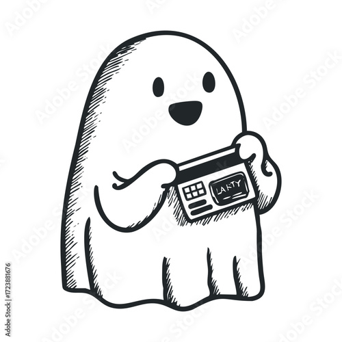 Cute cartoon ghost holding a credit or ID card