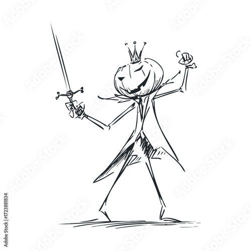 Quick sketch of a pumpkin king figure with a sword and crown.
