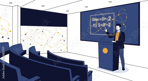 Lecturer Explaining Complex Equations in Modern Auditorium for Educational Purposes