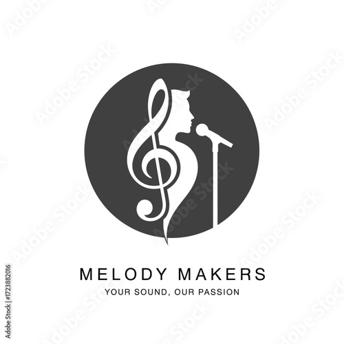 A black and white logo for Melody Makers, featuring a treble clef intertwined with the silhouette of a person singing into a microphone.
