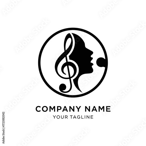 A black and white circular logo featuring a silhouette of a woman's profile singing into a microphone, with a treble clef integrated into her design.