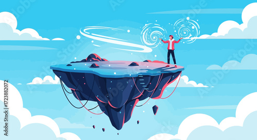 Magician on Floating Island Creates Magical Orbs in a Serene Sky Illustration