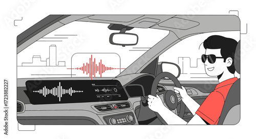 Man drives car listening to music with sound waves visualization on dashboard display