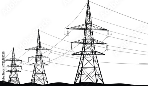 Electricity transmission towers over water with overhead power lines, vector illustration for energy infrastructure, utility design, engineering, and industrial visual projects.