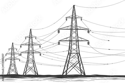 Electricity transmission towers over water with overhead power lines, vector illustration for energy infrastructure, utility design, engineering, and industrial visual projects.