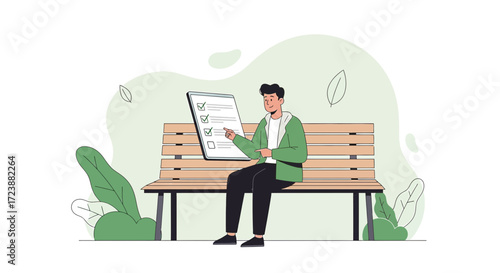 Man managing tasks with a checklist on a bench offering a refreshing outdoor workplace experience