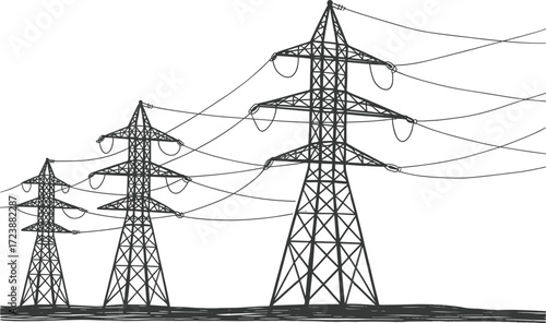 Electricity transmission towers over water with overhead power lines, vector illustration for energy infrastructure, utility design, engineering, and industrial visual projects.