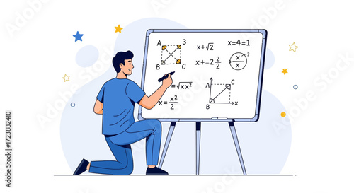 Mathematics teacher solves complex equations on a whiteboard in a classroom setting for students