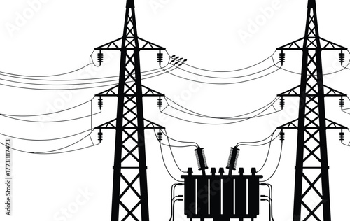 Electricity transmission towers with power lines and substation transformer, vector silhouette for energy infrastructure, utility design, engineering diagrams, and industrial applications.