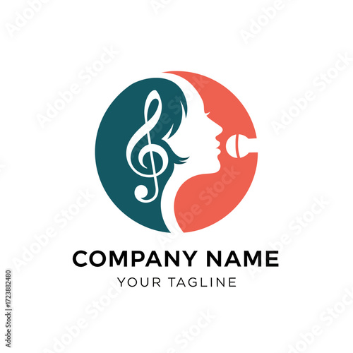 Logo design featuring a woman singing with a musical note.