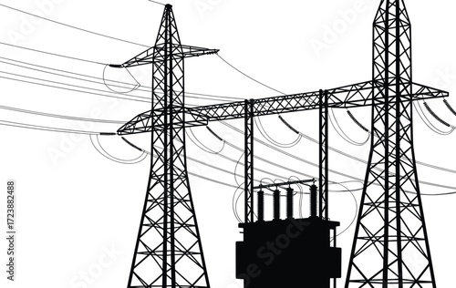 Electricity transmission towers with power lines and substation transformer, vector silhouette for energy infrastructure, utility design, engineering diagrams, and industrial applications.