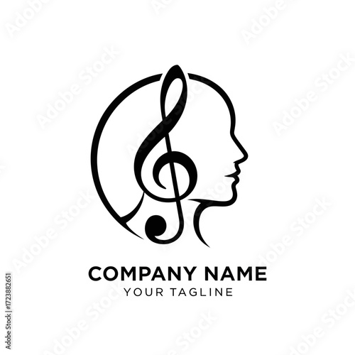 Creative logo design combining a human head profile with a musical treble clef, symbolizing music, thought, and artistic expression.