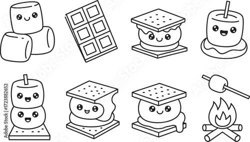 Cute hand drawn smores ingredients and characters for camping fun
