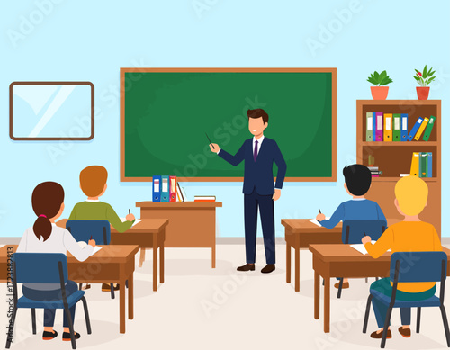 A male teacher instructing students in a classroom, standing in front of a chalkboard with a pointer and books, symbolizing education, learning, and knowledge.