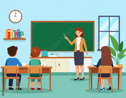 A female teacher instructing students in a classroom, standing in front of a chalkboard with a pointer and books, symbolizing education, learning, and knowledge.