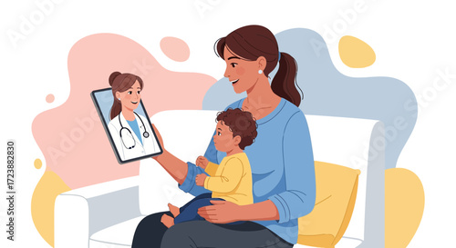 Mother and child using telemedicine app for video call with doctor for consultation