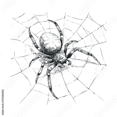 Detailed black and white drawing of a spider on a web.
