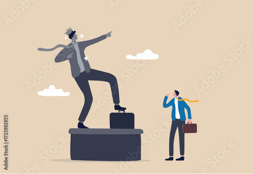 Ego, self important or self esteem, too much proud of yourself or overconfident, success or leadership history concept, businessman looking at his self success statue thinking of own Ego