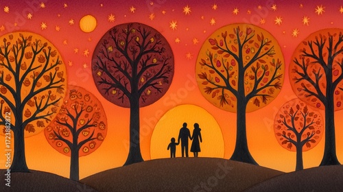 Warm and Serene Fall Aesthetic – Family Silhouette Among Vibrant Autumn Trees at Sunset suitable for branding, ads, packaging, and editorial content