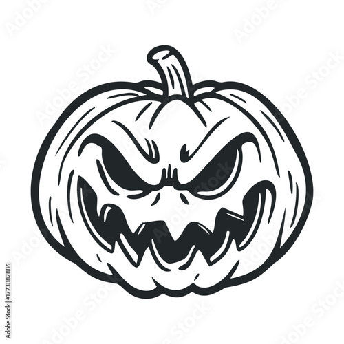 Outline sketch of a carved pumpkin with an evil face.