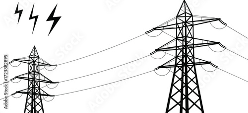 High voltage electricity transmission towers with lightning bolts, vector illustration for energy infrastructure, power safety, utility design, engineering, and industrial concepts.