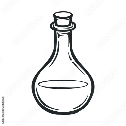 Simple line drawing of a liquid-filled glass bottle with a cork.