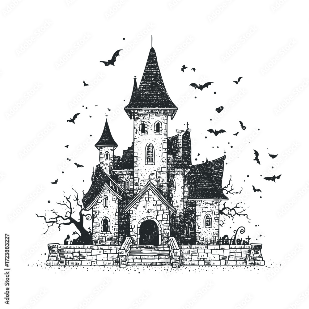 Obraz premium Intricate sketch of a gothic haunted house with flying bats.