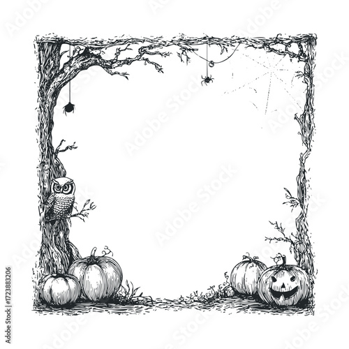 Hand-drawn spooky forest frame with gourds and a wise owl.