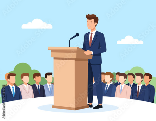 A man in a suit standing behind a podium, giving a public speech or presentation to a large audience seated in front of him, set outdoors with trees and a clear sky, representing leadership and commun