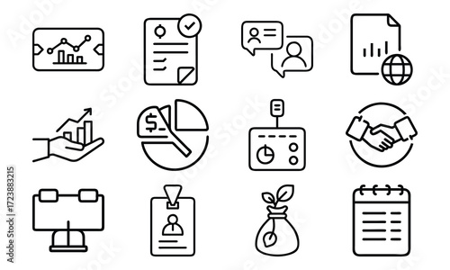 Business Line Icons Collection – Finance, Communication, Analytics, Growth, Partnership, Planning, Certification, Money Investment, and Office Management Vector Set