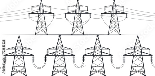 Set of high voltage electricity transmission towers with overhead lines, vector icons for energy infrastructure, utility design, engineering diagrams, and industrial applications.