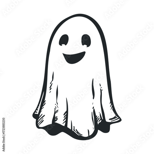 Simple cartoon drawing of a happy sheet ghost floating.