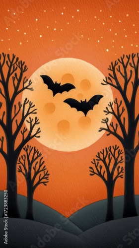 Warm and Serene Fall Aesthetic – Spooky Halloween Night with Bats Silhouetted Against Full Moon suitable for branding, ads, packaging, and editorial content