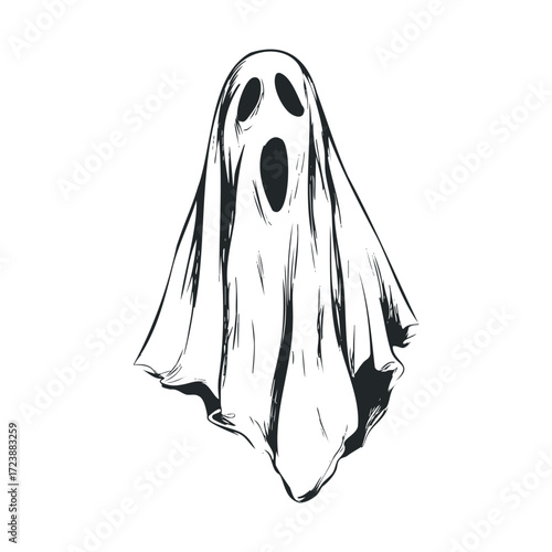 Black and white drawing of a spooky, floating sheet ghost.