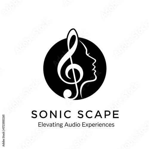 A black and white logo for 'Sonic Scape' featuring a treble clef integrated with a woman's face silhouette, symbolizing the human connection to audio experiences.