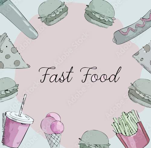 Delicious and Colorful Fast Food Collection Burgers, Pizza, Hot Dogs, and More in a Delightful Composition