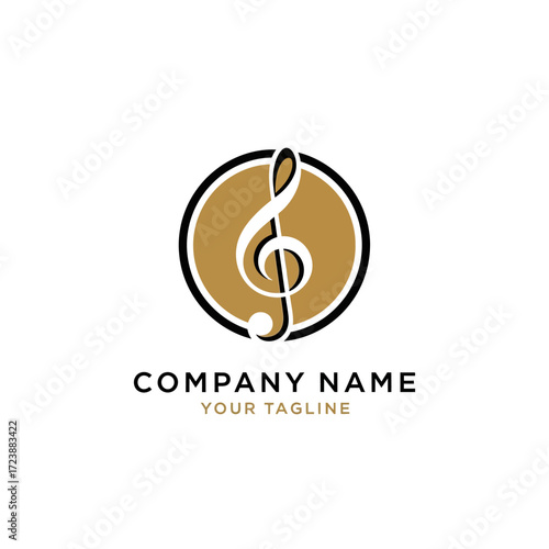 A treble clef in a gold circle logo with company name and tagline.