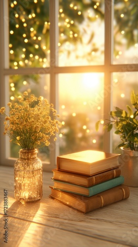 Warm and Serene Fall Aesthetic – Cozy Reading Nook with Books and Warm Sunset Glow suitable for branding, ads, packaging, and editorial content