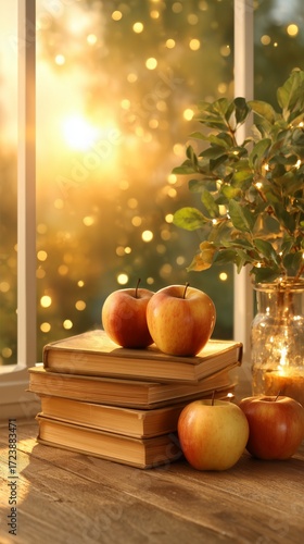 Warm and Serene Fall Aesthetic – Cozy Autumn Scene with Apples and Books by a Sunlit Window suitable for branding, ads, packaging, and editorial content