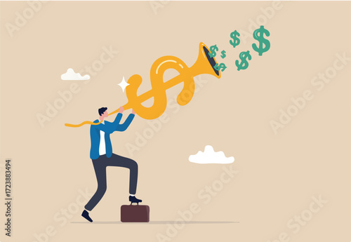 Investment opportunity, making money, profit or earning, FED central bank signal interest rate policy, financial stock market buy and sell signal concept, businessman investor blow dollar money horn. 