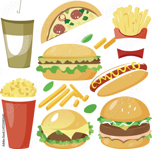 A colorful and vibrant assortment of popular fast food items including burgers, hot dogs, french fries, pizza, popcorn, and a drink, perfect for food advertising and promotions