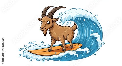 Goat surfing cartoon illustration