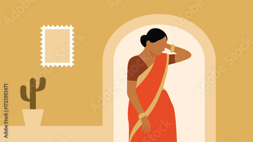 Vector art of woman in orange sari standing in an archway with a cactus and stamp