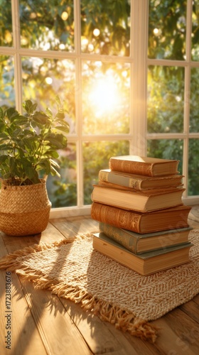 Warm and Serene Fall Aesthetic – Cozy Stack of Antique Books with Warm Sunlight by a Window suitable for branding, ads, packaging, and editorial content