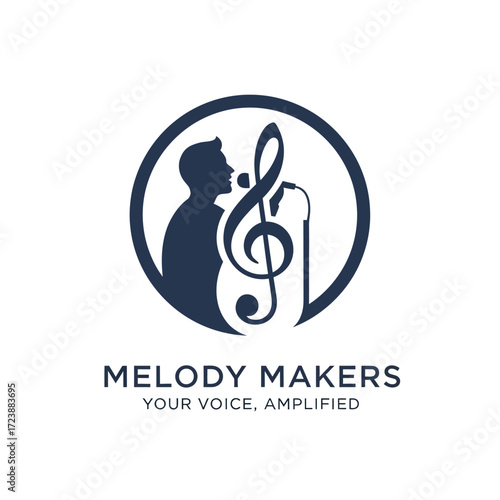 A circular logo featuring a silhouette of a person singing into a microphone with a musical note.