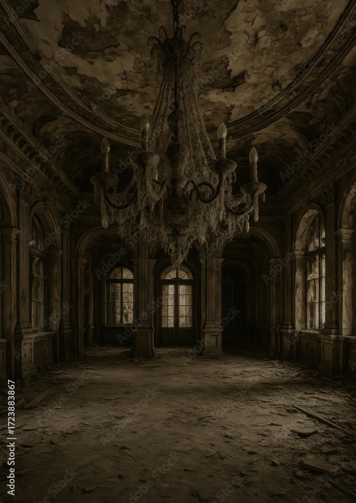 Fototapeta premium Eerie abandoned mansion interior wallpaper.