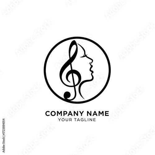 Elegant logo design featuring a treble clef and a woman's profile, suitable for a music-related business.
