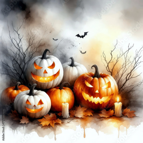 Spooky and cozy Halloween illustration with carved pumpkins, glowing candles, autumn leaves and seasonal decor. Perfect for posters, cards and festive design.
