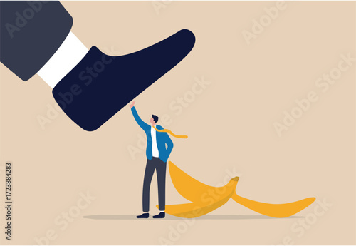 Avoid business mistake or failure, protect from accident or pitfall, insurance or warning in business risk and support in crisis concept, confidence businessman hero protect from slippery banana peel.